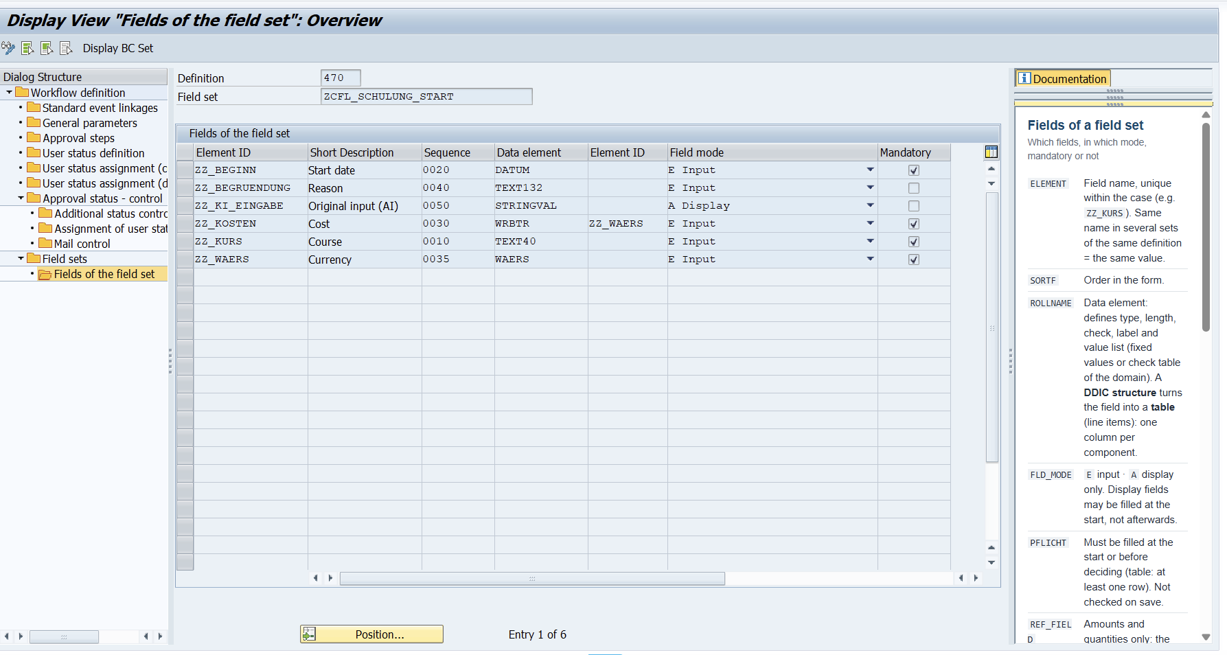Maintenance dialog: fields of a field set