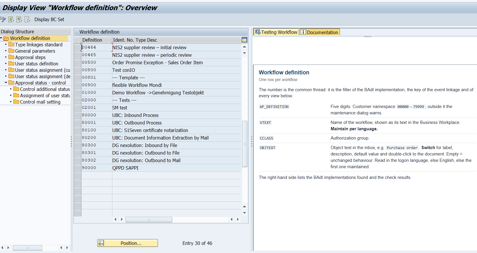 Maintenance dialog: list of workflow definitions